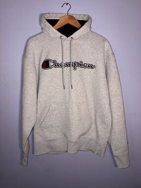 Champion Light Heather Gray Pullover Hoodie with Script Logo
